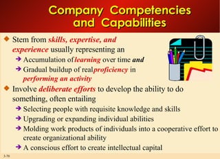 Company  Competencies and  Capabilities Stem from  skills, expertise, and  experience  usually representing an Accumulation of  learning  over time  and Gradual buildup of real  proficiency  in  performing an activity Involve  deliberate efforts  to develop the ability to do something, often entailing Selecting people with requisite knowledge and skills Upgrading or expanding individual abilities  Molding work products of individuals into a cooperative effort to create organizational ability A conscious effort to create intellectual capital  