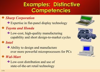 Examples:  Distinctive  Competencies  Sharp Corporation Expertise in flat-panel display technology  Toyota and Honda Low-cost, high-quality manufacturing capability and short design-to-market cycles  Intel Ability to design and manufacture ever more powerful microprocessors for PCs Wal-Mart Low-cost distribution and use of state-of-the-art retail technology 