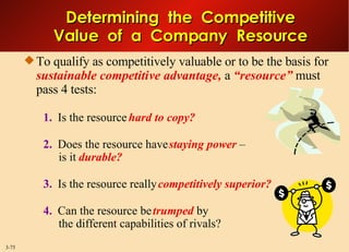 To qualify as competitively valuable or to be the basis for  sustainable competitive advantage,   a  “resource”  must pass 4 tests: 1.   Is the resource  hard to copy? 2.   Does the resource have  staying power   –   is it   durable? 3.   Is the resource really  competitively superior? 4.   Can the resource be  trumped   by  the different capabilities of rivals? Determining  the  Competitive Value  of  a  Company  Resource 