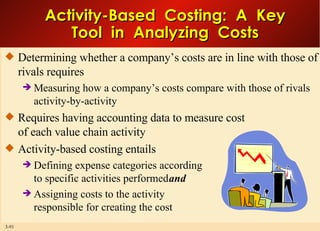 Activity-Based  Costing:  A  Key Tool  in  Analyzing  Costs Determining whether a company’s costs are in line with those of rivals requires Measuring how a company’s costs compare with those of rivals activity-by-activity Requires having accounting data to measure cost of each value chain activity Activity-based costing entails Defining expense categories according to specific activities performed  and Assigning costs to the activity responsible for creating the cost 