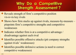 Why  Do  a  Competitive Strength  Assessment ? Reveals strength of firm’s competitive position  vis-à-vis key rivals Shows how firm stacks up against rivals, measure-by-measure – pinpoints firm’s competitive strengths and competitive weaknesses Indicates whether firm is at a competitive advantage / disadvantage against each rival Identifies possible offensive attacks (pit company strengths against rivals’ weaknesses)  Identifies possible defensive actions (a need to correct competitive weaknesses) 