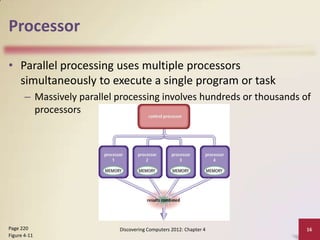 Processor
• Parallel processing uses multiple processors
simultaneously to execute a single program or task
– Massively parallel processing involves hundreds or thousands of
processors

Page 220
Figure 4-11

Discovering Computers 2012: Chapter 4

16

 