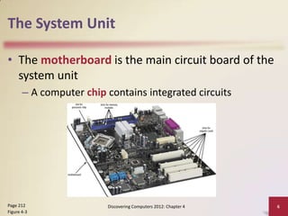 The System Unit
• The motherboard is the main circuit board of the
system unit
– A computer chip contains integrated circuits

Page 212
Figure 4-3

Discovering Computers 2012: Chapter 4

6

 