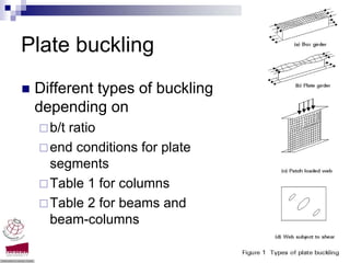 Plate buckling
 Different types of buckling
 depending on
   b/t ratio
   end conditions for plate
   segments
   Table 1 for columns
   Table 2 for beams and
   beam-columns

                               Compression members -Dr. Seshu Adluri
 
