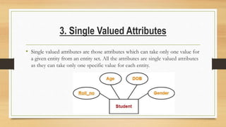 3. Single Valued Attributes
• Single valued attributes are those attributes which can take only one value for
a given entity from an entity set. All the attributes are single valued attributes
as they can take only one specific value for each entity.
 