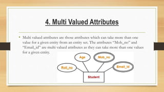 4. Multi Valued Attributes
• Multi valued attributes are those attributes which can take more than one
value for a given entity from an entity set. The attributes “Mob_no” and
“Email_id” are multi valued attributes as they can take more than one values
for a given entity.
 