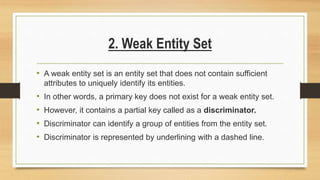 2. Weak Entity Set
• A weak entity set is an entity set that does not contain sufficient
attributes to uniquely identify its entities.
• In other words, a primary key does not exist for a weak entity set.
• However, it contains a partial key called as a discriminator.
• Discriminator can identify a group of entities from the entity set.
• Discriminator is represented by underlining with a dashed line.
 