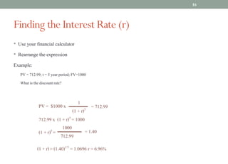 • Use your financial calculator
• Rearrange the expression
Example:
PV = 712.99; t = 5 year period; FV=1000
What is the discount rate?
PV = $1000 x
1
(1 + r)5
= 712.99
712.99 x (1 + r)5 = 1000
(1 + r)5 =
1000
712.99
= 1.40
(1 + r)= (1.40)1/5 = 1.0696 r = 6.96%
Finding the Interest Rate (r)
16
 