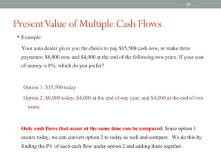 • Example:
Your auto dealer gives you the choice to pay $15,500 cash now, or make three
payments: $8,000 now and $4,000 at the end of the following two years. If your cost
of money is 8%, which do you prefer?
Option 1: $15,500 today
Option 2: $8,000 today; $4,000 at the end of one year; and $4,000 at the end of two
years.
Only cash flows that occur at the same time can be compared. Since option 1
occurs today, we can convert option 2 to today as well and compare. We do this by
finding the PV of each cash flow under option 2 and adding them together.
PresentValue of Multiple Cash Flows
23
 