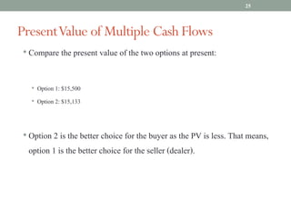 • Compare the present value of the two options at present:
• Option 1: $15,500
• Option 2: $15,133
• Option 2 is the better choice for the buyer as the PV is less. That means,
option 1 is the better choice for the seller (dealer).
PresentValue of Multiple Cash Flows
25
 