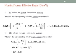 NominalVersus Effective Rates (Cont’d)
3) 3% interest per quarter, compounded monthly
What are the corresponding effective Annual interest rates?
4) 12% interest per year, compounded quarterly
What are the corresponding effective semi-annual interest rates?
44
1
1 -
ú
û
ù
ê
ë
é
+
=
m
m
APR
EAR %
68
.
12
1268
.
0
1
12
12
.
0
1
12
=
=
-
ú
û
ù
ê
ë
é
+
=
EAR
%
55
.
12
1255
.
0
1
4
12
.
0
1
4
=
=
-
ú
û
ù
ê
ë
é
+
=
EAR
2
)
1
(
)
1255
.
0
1
( Eff
+
=
+
08
.
6
=
Eff
 