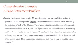 Comprehensive Example:
A Basic Retirement Problem
45
Example: An investor plans to retire 35 years from today and have sufficient savings to
guarantee $48,000 each year for 20 years. Assume retirement withdrawals will be made at
the beginning of each of the 20 years. The investor estimates that at the time of retirement,
he can sell his business for $200,000. The expectation is that interest rates will be relatively
stable at 8% per year for the next 35 years. Thereafter, the interest rate is expected to decline
to 6% per year forever. The investor wants to make equal annual deposits at the end of each
of the next 35 years. How much should be deposited each year in order to meet the stated
objective?
 