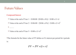 Compound Interest
• Value at the end of Year 1 = $100.00 +[$100 x 6%] = $100 x (1+r)
• Value at the end of Year 2 = $106.00 + [$106 x 6%] = $100 x (1+r)2
• …….
• Value at the end of Year 5 = $100 x (1+r)5
•The formula for the future value of PV dollars at r% interest per period for t periods
is:
FutureValues
t
r
PV
FV )
1
( +
´
=
7
 