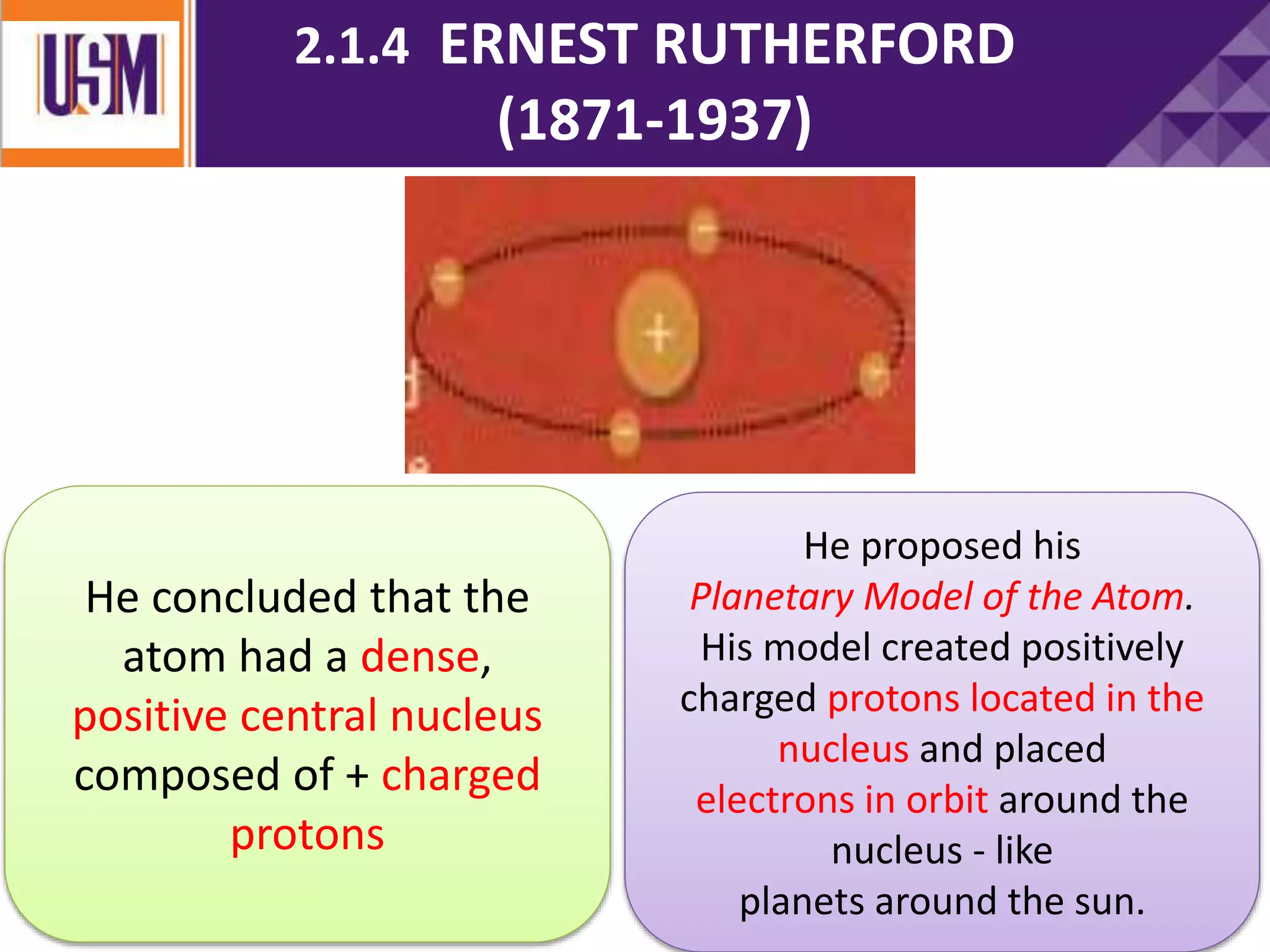 He concluded that the
atom had a dense,
positive central nucleus
composed of + charged
protons
He proposed his
Planetary Model of the Atom.
His model created positively
charged protons located in the
nucleus and placed
electrons in orbit around the
nucleus - like
planets around the sun.
2.1.4 ERNEST RUTHERFORD
(1871-1937)
 