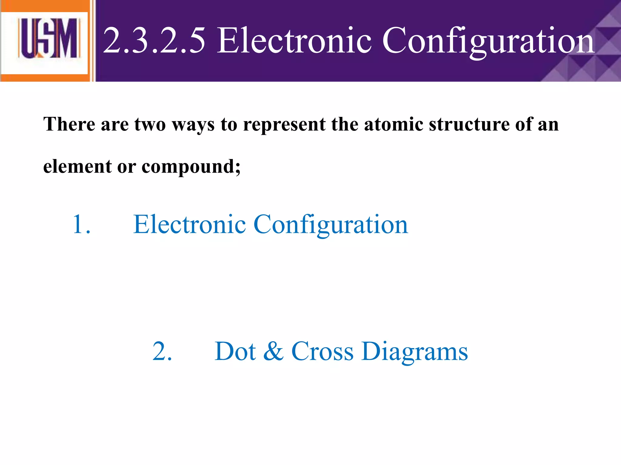 ATOMIC STRUCTURE
There are two ways to represent the atomic structure of an
element or compound;
1. Electronic Configuration
2. Dot & Cross Diagrams
2.3.2.5 Electronic Configuration2.3.2.5 Electronic Configuration
 