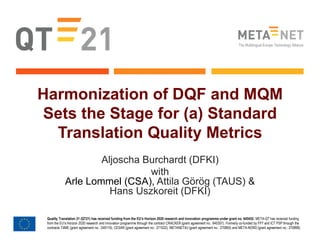Quality Translation 21 (QT21) has received funding from the EU’s Horizon 2020 research and innovation programme under grant no. 645452. META-QT has received funding
from the EU’s Horizon 2020 research and innovation programme through the contract CRACKER (grant agreement no.: 645357). Formerly co-funded by FP7 and ICT PSP through the
contracts T4ME (grant agreement no.: 249119), CESAR (grant agreement no.: 271022), METANET4U (grant agreement no.: 270893) and META-NORD (grant agreement no.: 270899).
The Multilingual Europe Technology Alliance
Harmonization of DQF and MQM
Sets the Stage for (a) Standard
Translation Quality Metrics
Aljoscha Burchardt (DFKI)
with
Arle Lommel (CSA), Attila Görög (TAUS) &
Hans Uszkoreit (DFKI)
 