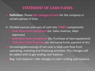 STATEMENT OF CASH FLOWS


Definition: Shows the changes of cash for the company in
certain period of time.

Divided sources and uses of cash into THREE components:
 Cash flow from operations (ex. Sales revenue, labor
expenses)
 Cash flow from investment (ex. Purchase of new equipment)
 Cash flow from financing (ex. Borrowing funds, payment of div)
 Increasing(decreasing) of net cash is total cash flow from
operating, investing and financing activities. This changes will
be added with to get ending cash balance
 Beg. Cash balance + Net changes in cash= ending cash balance.


 