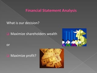 What is our decision?


Maximize shareholders wealth

or


Maximize profit?

 
