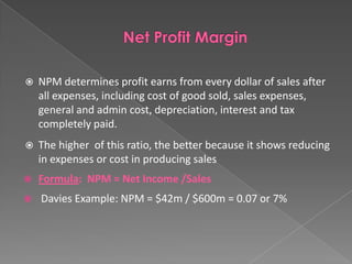 

NPM determines profit earns from every dollar of sales after
all expenses, including cost of good sold, sales expenses,
general and admin cost, depreciation, interest and tax
completely paid.



The higher of this ratio, the better because it shows reducing
in expenses or cost in producing sales



Formula: NPM = Net Income /Sales



Davies Example: NPM = $42m / $600m = 0.07 or 7%

 