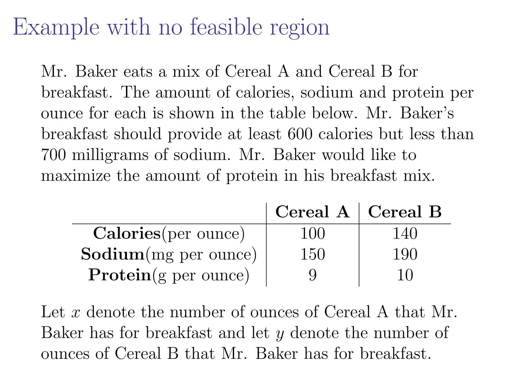 Example with no feasible region
Mr. Baker eats a mix of Cereal A and Cereal B for
breakfast. The amount of calories, sodium and protein per
ounce for each is shown in the table below. Mr. Baker’s
breakfast should provide at least 600 calories but less than
700 milligrams of sodium. Mr. Baker would like to
maximize the amount of protein in his breakfast mix.
Cereal A Cereal B
Calories(per ounce) 100 140
Sodium(mg per ounce) 150 190
Protein(g per ounce) 9 10
Let x denote the number of ounces of Cereal A that Mr.
Baker has for breakfast and let y denote the number of
ounces of Cereal B that Mr. Baker has for breakfast.
 