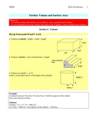 SBGR Syed Asif Hussain 1
Further Volume and Surface Area
Objectives
* To find the volume and surface area of spheres, cones, pyramids and cylinders.
* To solve problems involving volume and surface area of spheres, cones, pyramids and cylinders.
Section 1: Volume
Recap from grade B and C work
 Volume of cuboid = length × width × height
 Volume of prism = cross-sectional area × length
 Volume of cylinder = hr 2
 ,
where r is the radius and h is the height of the cylinder.
Example:
A cuboid measures 15 cm by 12 cm by 8 cm. Find the capacity of the cuboid.
Give your answers in litres.
Solution:
Volume = 15 × 12 × 8 = 1440 cm3
.
As 1 litre = 1000 cm3
, the capacity of the cuboid = 1.44 litres.
width
length
height
length
cross-sectional
area
radius, r
height, h
 