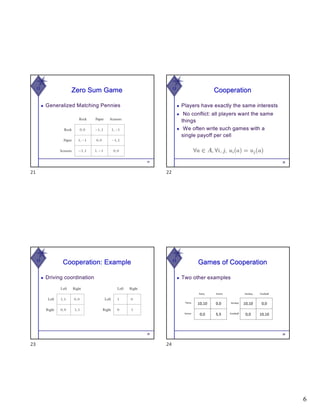 6
W
Zero Sum Game
◆ Generalized Matching Pennies
21
21
W
Cooperation
◆ Players have exactly the same interests
◆ No conflict: all players want the same
things
◆ We often write such games with a
single payoff per cell
22
22
W
Cooperation: Example
◆ Driving coordination
23
23
W
Games of Cooperation
◆ Two other examples
24
24
 