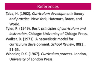 Taba, H. (1962). Curriculum development: theory
and practice. New York, Harcourt, Brace, and
World.
Tyler, R. (1949). Basic principles of curriculum and
instruction. Chicago: University of Chicago Press.
Walker, D. (1971). A naturalistic model for
curriculum development, School Review, 80(1),
51-65.
Wheeler, D.K. (1967). Curriculum process. London,
University of London Press.
References
 