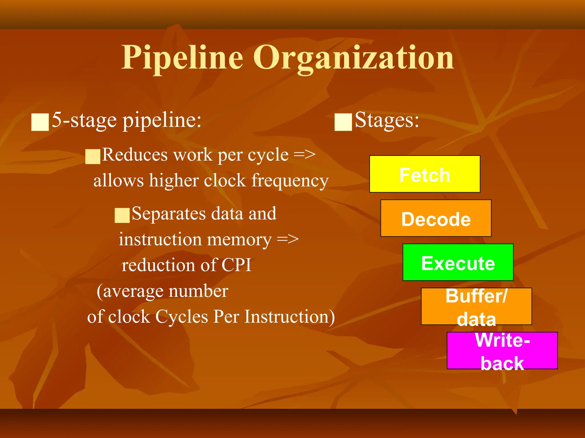 Write-
back
Buffer/
data
Execute
Decode
Pipeline Organization
■5-stage pipeline:
■Reduces work per cycle =>
allows higher clock frequency
■Separates data and
instruction memory =>
reduction of CPI
(average number
of clock Cycles Per Instruction)
■Stages:
Fetch
 