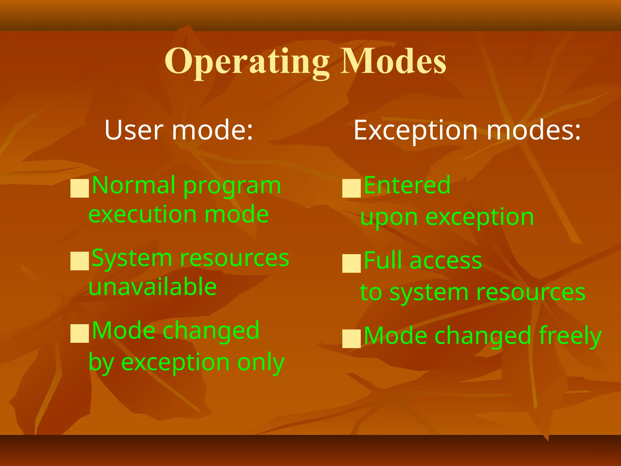 Operating Modes
User mode:
■Normal program
execution mode
■System resources
unavailable
■Mode changed
by exception only
Exception modes:
■Entered
upon exception
■Full access
to system resources
■Mode changed freely
 