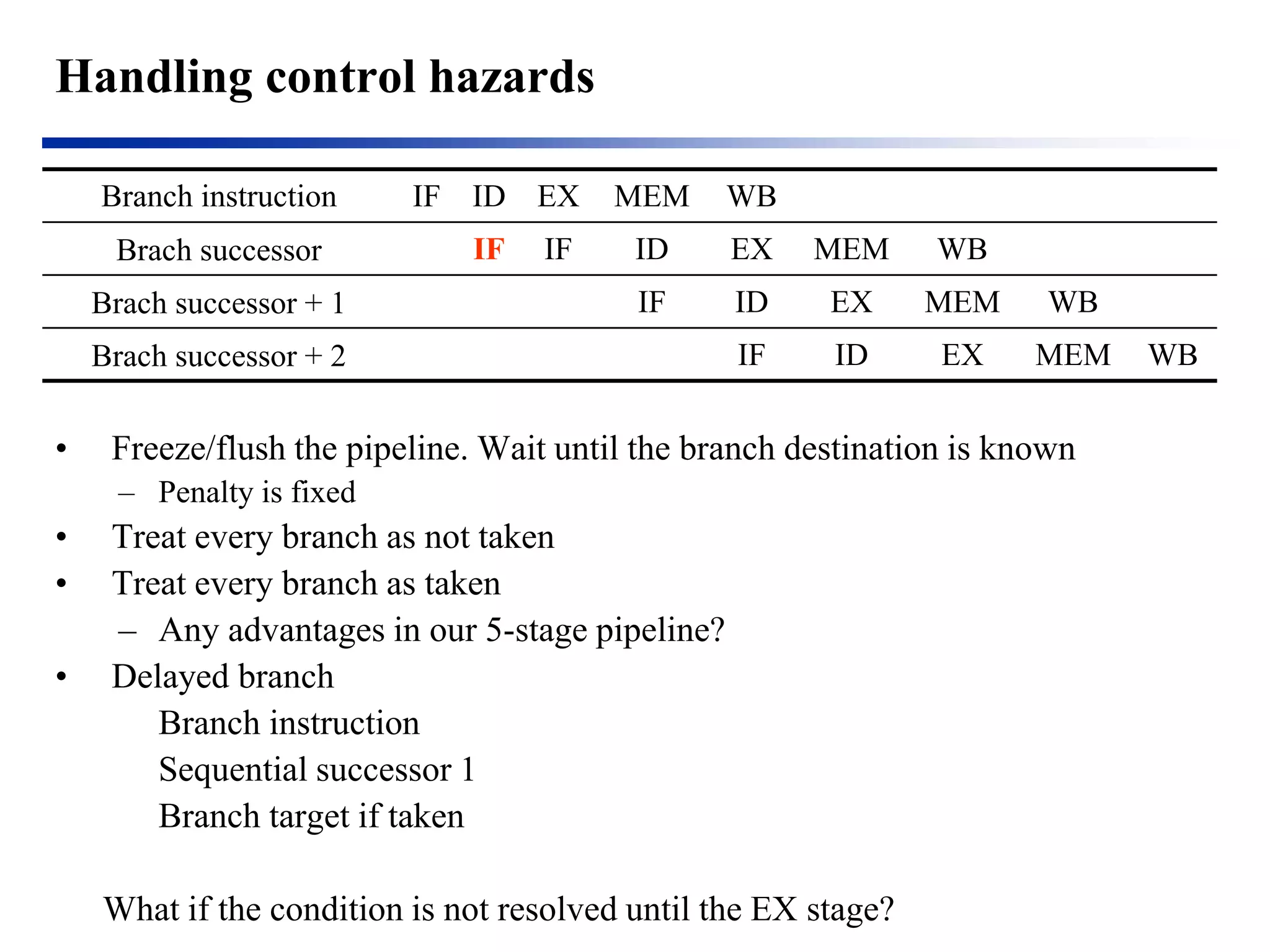 Handling control hazards 
Branch instruction 
IF 
ID 
EX 
MEM 
WB 
Brach successor 
IF 
IF 
ID 
EX 
MEM 
WB 
Brach successor + 1 
IF 
ID 
EX 
MEM 
WB 
Brach successor + 2 
IF 
ID 
EX 
MEM 
WB 
• Freeze/flush the pipeline. Wait until the branch destination is known 
–Penalty is fixed 
• Treat every branch as not taken 
• Treat every branch as taken 
–Any advantages in our 5-stage pipeline? 
• Delayed branch 
Branch instruction 
Sequential successor 1 
Branch target if taken 
What if the condition is not resolved until the EX stage?  