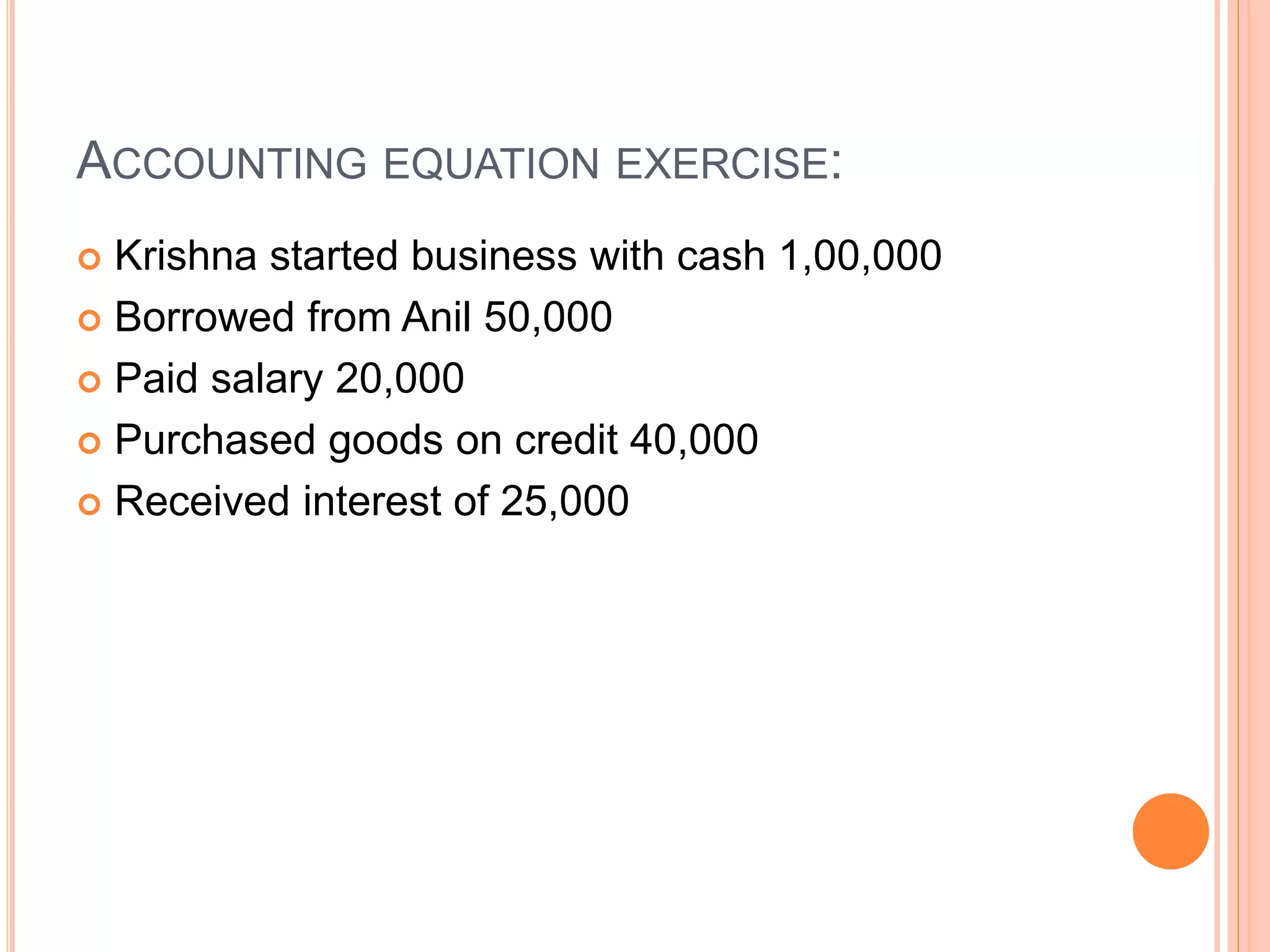 ACCOUNTING EQUATION EXERCISE:
 Krishna started business with cash 1,00,000
 Borrowed from Anil 50,000
 Paid salary 20,000
 Purchased goods on credit 40,000
 Received interest of 25,000
 