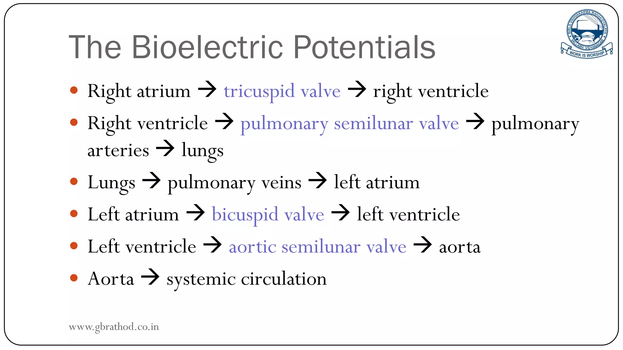The Bioelectric Potentials
 Right atrium  tricuspid valve  right ventricle
 Right ventricle  pulmonary semilunar valve  pulmonary
arteries  lungs
 Lungs  pulmonary veins  left atrium
 Left atrium  bicuspid valve  left ventricle
 Left ventricle  aortic semilunar valve  aorta
 Aorta  systemic circulation
www.gbrathod.co.in
 