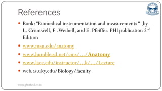 References
 Book:“Biomedical instrumentation and measurements “ ,by
L. Cromwell, F .Weibell, and E. Pfeiffer. PHI publication 2nd
Edition
 www.msu.edu/anatomy
 www.humbleisd.net/cms/.../Anatomy
 www.lavc.edu/instructor/...k/.../Lecture
 web.as.uky.edu/Biology/faculty
www.gbrathod.co.in
 