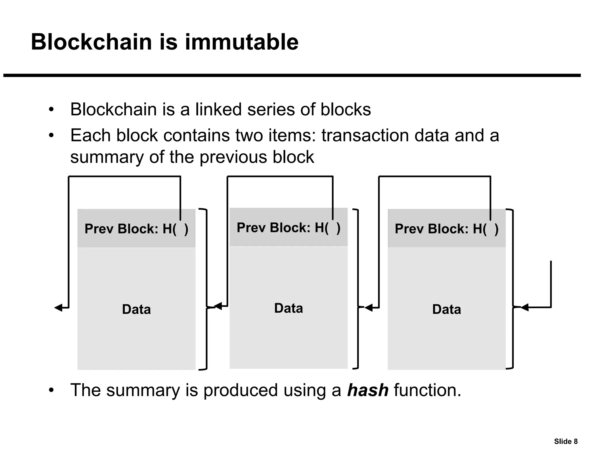 Slide 8
Blockchain is immutable
• Blockchain is a linked series of blocks
• Each block contains two items: transaction data and a
summary of the previous block
• The summary is produced using a hash function.
Prev Block: H( )
Data
Prev Block: H( )
Data
Prev Block: H( )
Data
 