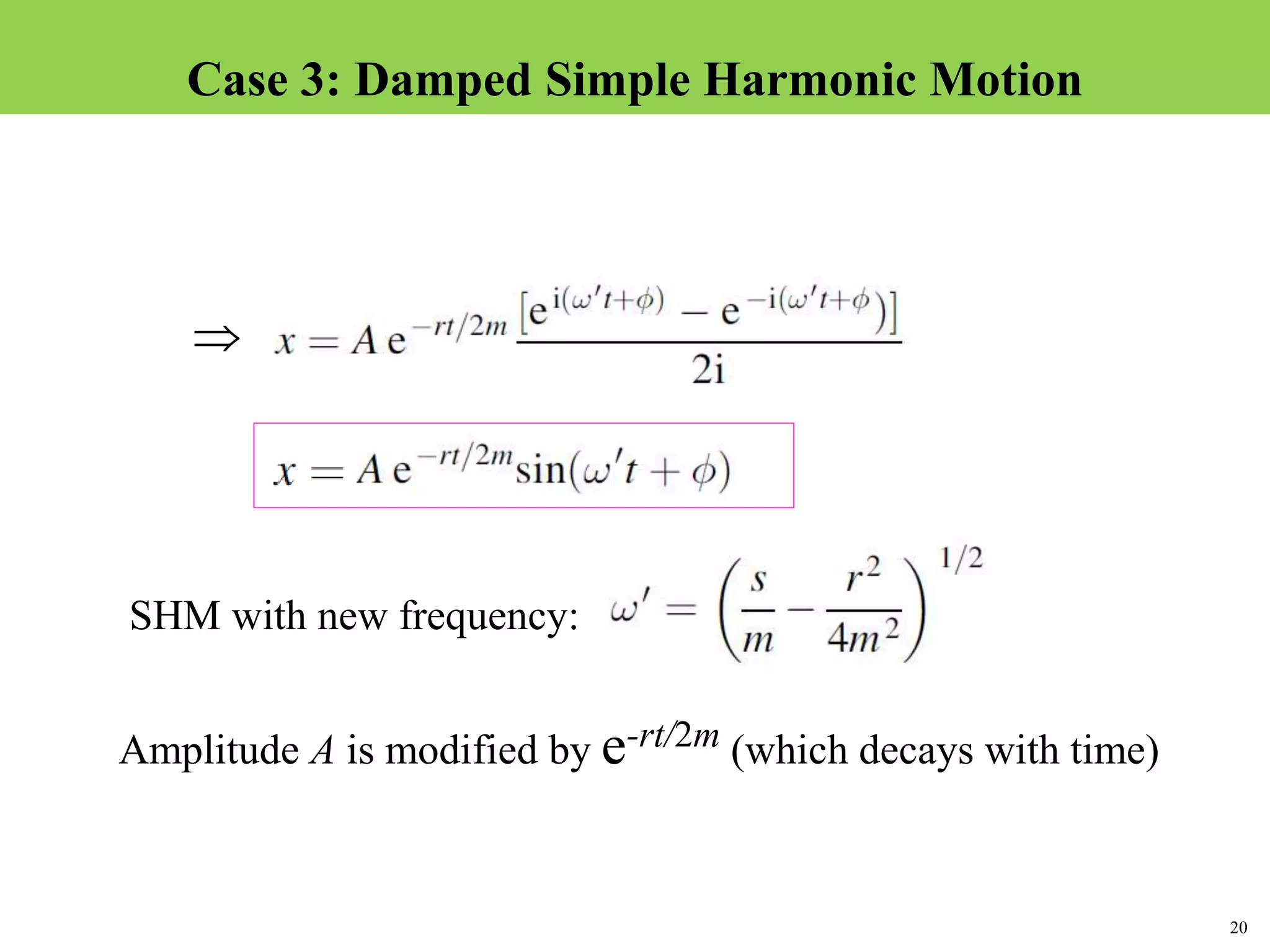 20
Topic 1-2 Damped SHMUEEP1033 Oscillations and Waves

SHM with new frequency:
Amplitude A is modified by e-rt/2m (which decays with time)
Case 3: Damped Simple Harmonic Motion
 