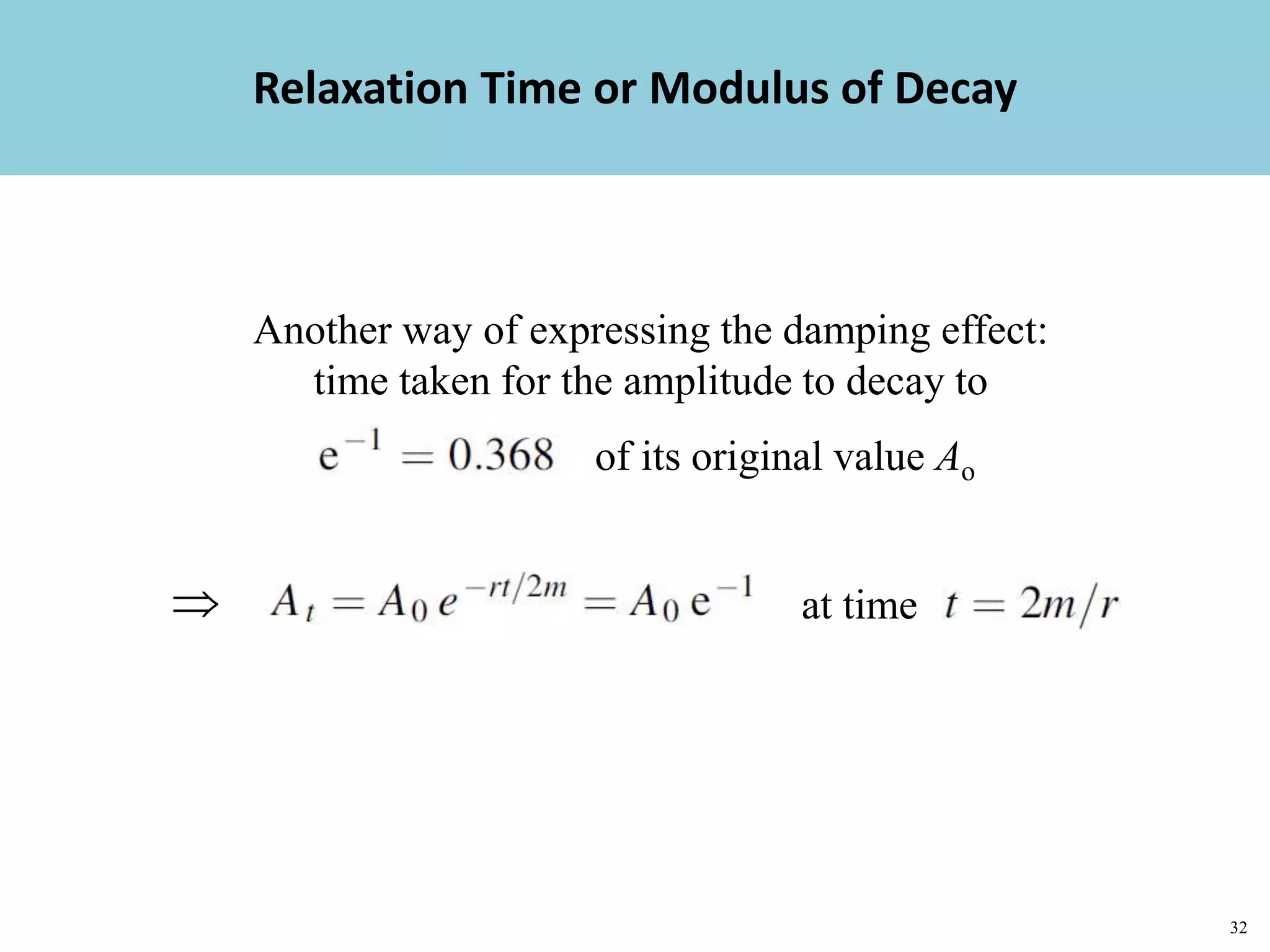 32
Topic 1-2 Damped SHMUEEP1033 Oscillations and Waves
Relaxation Time or Modulus of Decay
Another way of expressing the damping effect:
time taken for the amplitude to decay to
of its original value Ao
 at time
 