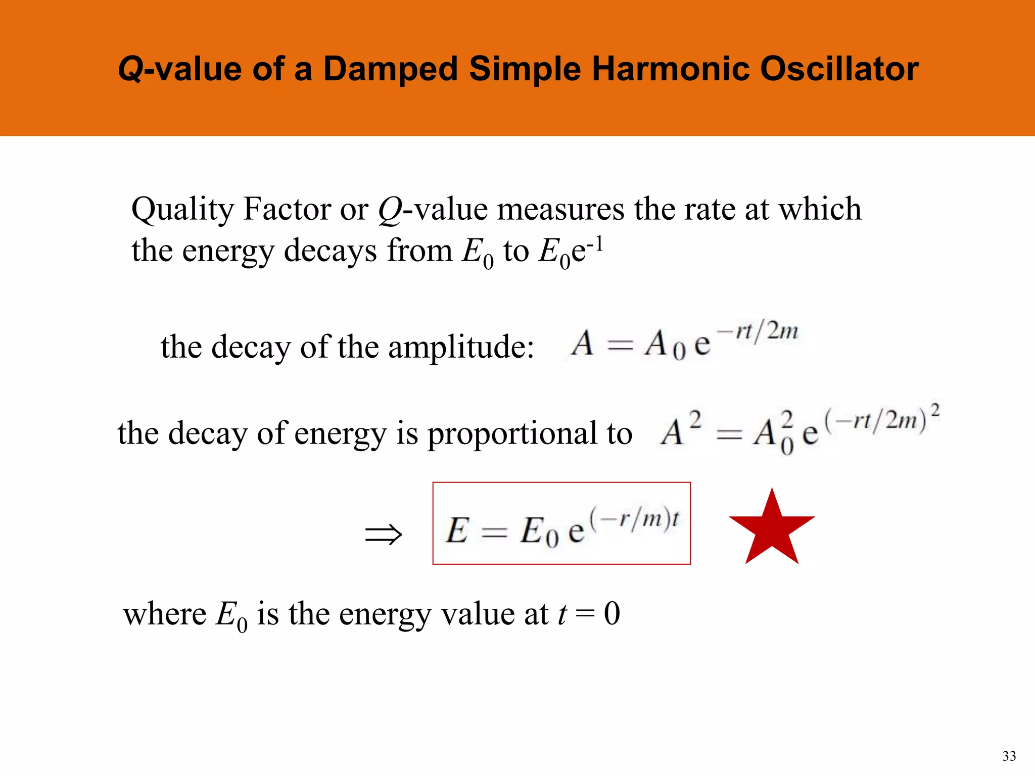 33
Topic 1-2 Damped SHMUEEP1033 Oscillations and Waves
Q-value of a Damped Simple Harmonic Oscillator
Quality Factor or Q-value measures the rate at which
the energy decays from E0 to E0e-1
the decay of the amplitude:
the decay of energy is proportional to

where E0 is the energy value at t = 0
 