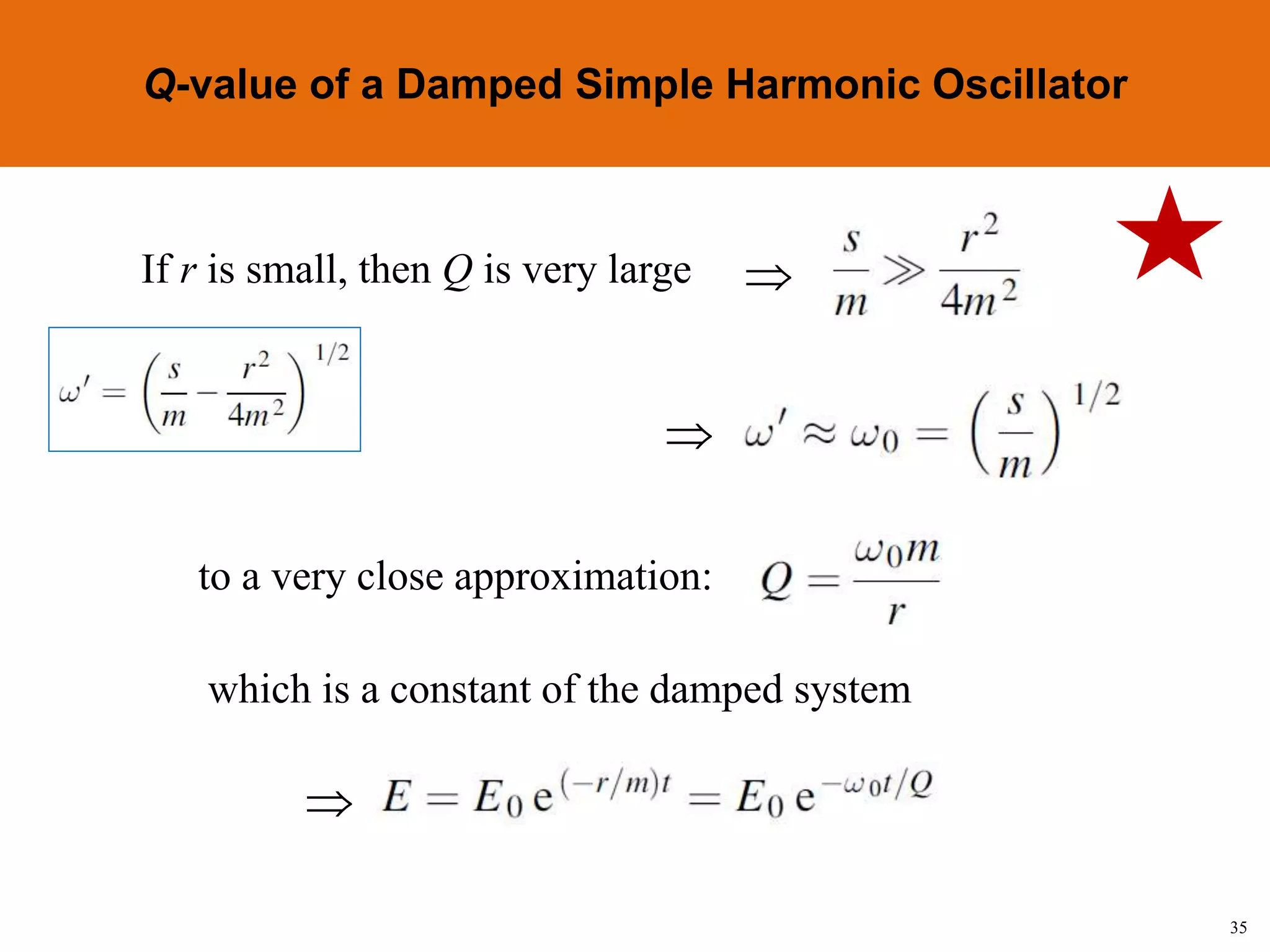 35
Topic 1-2 Damped SHMUEEP1033 Oscillations and Waves
If r is small, then Q is very large 

to a very close approximation:
which is a constant of the damped system

Q-value of a Damped Simple Harmonic Oscillator
 