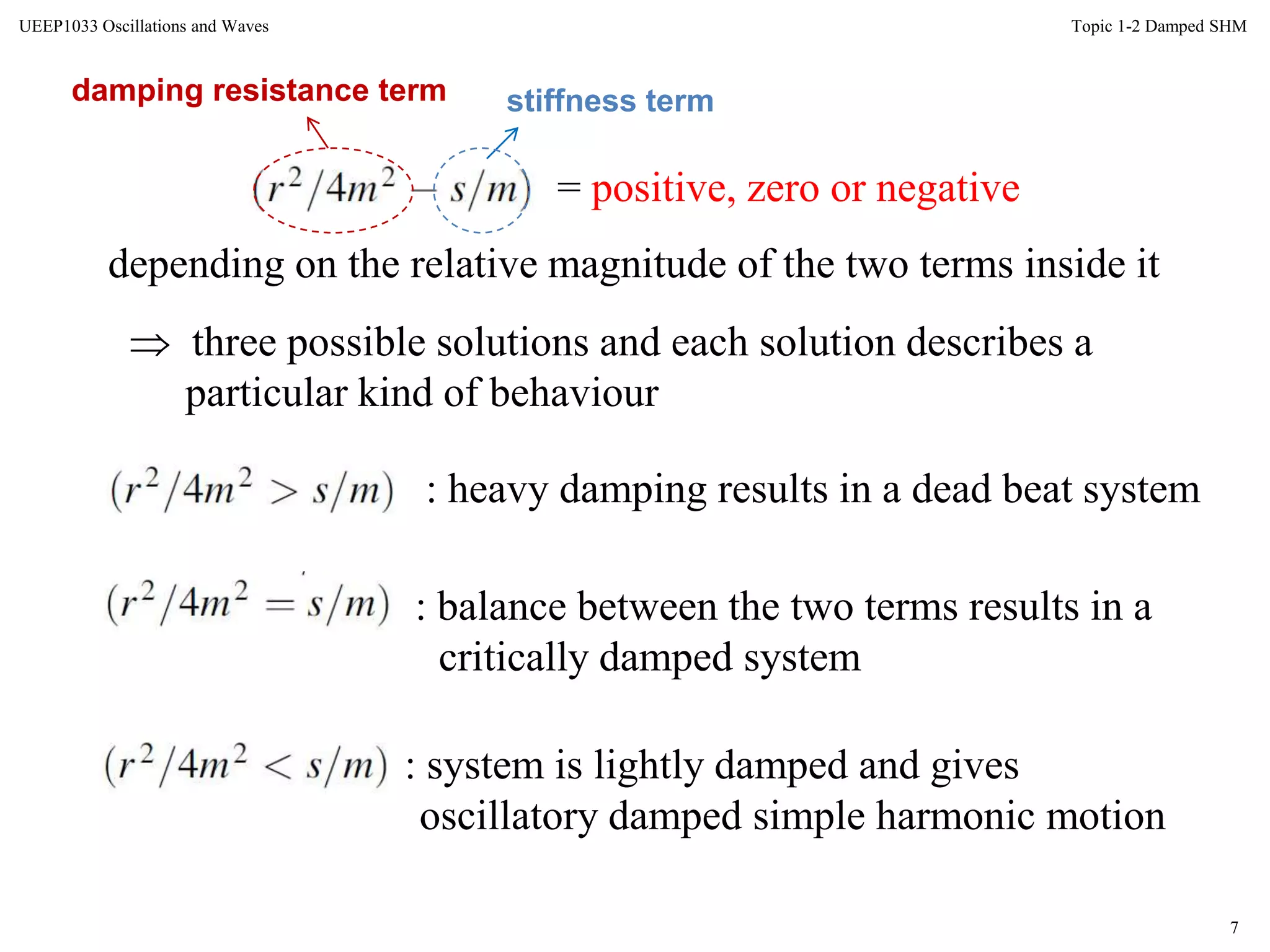 7
Topic 1-2 Damped SHMUEEP1033 Oscillations and Waves
= positive, zero or negative
depending on the relative magnitude of the two terms inside it
 three possible solutions and each solution describes a
particular kind of behaviour
: heavy damping results in a dead beat system
damping resistance term stiffness term
: balance between the two terms results in a
critically damped system
: system is lightly damped and gives
oscillatory damped simple harmonic motion
 