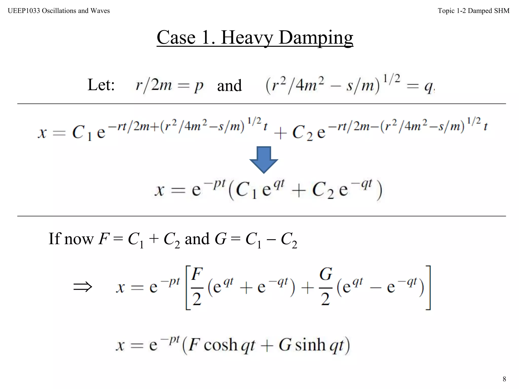 8
Topic 1-2 Damped SHMUEEP1033 Oscillations and Waves
Case 1. Heavy Damping
Let: and
If now F = C1 + C2 and G = C1  C2

 