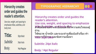 Hierarchy creates order and guides the
reader’s attention.
Use size, weight, and spacing to emphasize
titles, subtitles, and body text
TYPOGRAPHIC HIERARCHY
ลำดับชั้นช่วยสร้างระเบียบและชี้นำความสนใจของผู้
อ่าน
ใช้ขนาด น้ำหนัก และระยะห่างเพื่อเน้นหัวเรื่อง คำ
บรรยายใต้ภาพ และข้อความเนื้อหา
Title: 32pt Bold
Subtitle: 24pt Italic
Body: 14pt Regular
 