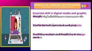 Essential skill in digital media and graphic
design
Useful for both print and web projects
Enables precision and flexibility in design
work
BENEFITS OF LEARNING VECTOR DESIGN
ประโยชน์ของการเรียนรู้การออกแบบเวกเตอร์
ทักษะที่สำคัญในสื่อดิจิทัลและการออกแบบกราฟิก
มีประโยชน์สำหรับทั้งงานพิมพ์และเว็บไซต์
ช่วยให้มีความแม่นยำและยืดหยุ่นในการทำงาน
ออกแบบ
 