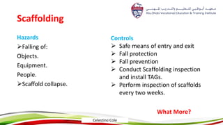 Scaffolding
Hazards
Falling of:
Objects.
Equipment.
People.
Scaffold collapse.
Controls
 Safe means of entry and exit
 Fall protection
 Fall prevention
 Conduct Scaffolding inspection
and install TAGs.
 Perform inspection of scaffolds
every two weeks.
What More?
Celestino Cole
 