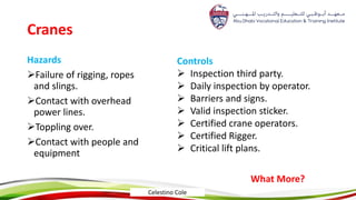 Cranes
Hazards
Failure of rigging, ropes
and slings.
Contact with overhead
power lines.
Toppling over.
Contact with people and
equipment
Controls
 Inspection third party.
 Daily inspection by operator.
 Barriers and signs.
 Valid inspection sticker.
 Certified crane operators.
 Certified Rigger.
 Critical lift plans.
What More?
Celestino Cole
 