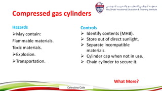 Compressed gas cylinders
Hazards
May contain:
Flammable materials.
Toxic materials.
Explosion.
Transportation.
Controls
 Identify contents (MHB).
 Store out of direct sunlight.
 Separate incompatible
materials.
 Cylinder cap when not in use.
 Chain cylinder to secure it.
What More?
Celestino Cole
 