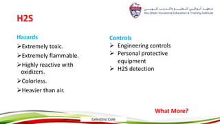 H2S
Hazards
Extremely toxic.
Extremely flammable.
Highly reactive with
oxidizers.
Colorless.
Heavier than air.
Controls
 Engineering controls
 Personal protective
equipment
 H2S detection
What More?
Celestino Cole
 