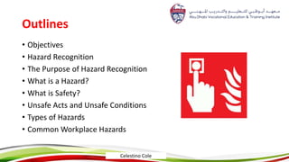 Outlines
• Objectives
• Hazard Recognition
• The Purpose of Hazard Recognition
• What is a Hazard?
• What is Safety?
• Unsafe Acts and Unsafe Conditions
• Types of Hazards
• Common Workplace Hazards
Celestino Cole
 