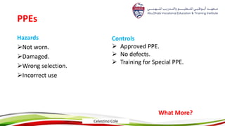 PPEs
Hazards
Not worn.
Damaged.
Wrong selection.
Incorrect use
Controls
 Approved PPE.
 No defects.
 Training for Special PPE.
What More?
Celestino Cole
 