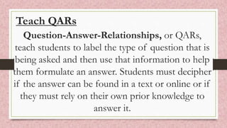Teach QARs
Question-Answer-Relationships, or QARs,
teach students to label the type of question that is
being asked and then use that information to help
them formulate an answer. Students must decipher
if the answer can be found in a text or online or if
they must rely on their own prior knowledge to
answer it.
 