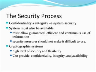 The Security Process
Confidentiality + integrity → system security
System must also be available
must allow guaranteed, efficient and continuous use of
information
security measures should not make it difficult to use.
Cryptographic systems
high level of security and flexibility
Can provide: confidentiality, integrity, and availability
 